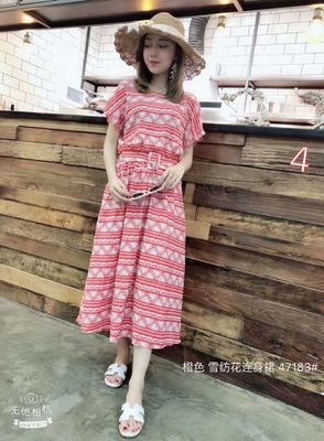 buy 连衣裙；雪纺；短袖；均码；中长款；套头；圆领；高腰；甜美；A字裙；纯色；印花 online manufacture