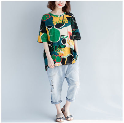 buy 2018夏装新款韩版宽松大码休闲上衣潮 蝙蝠袖圆领印花短袖T恤女 online manufacture